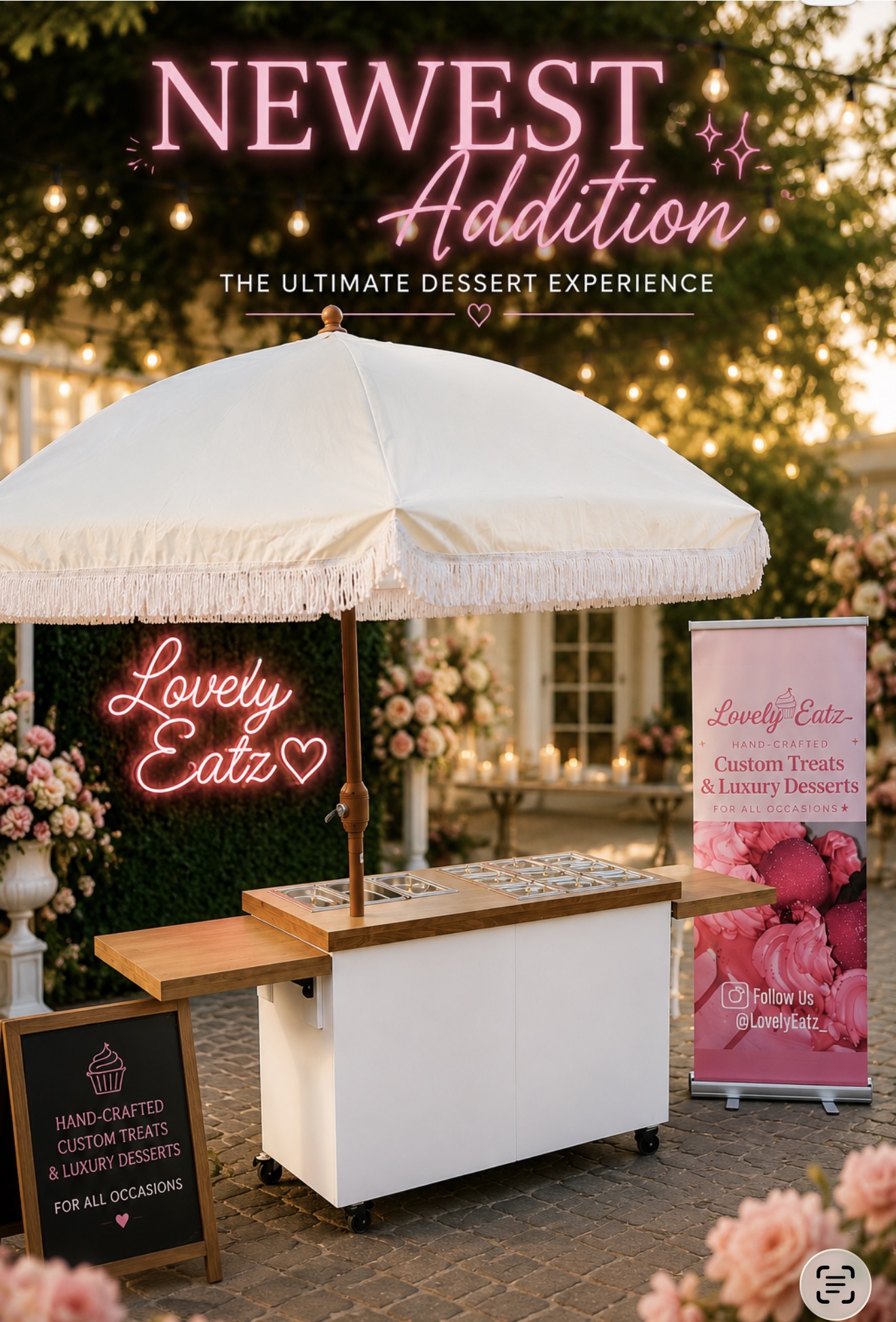 LovelyEatz styled treat cart with a white umbrella, gold lighting, and pink details